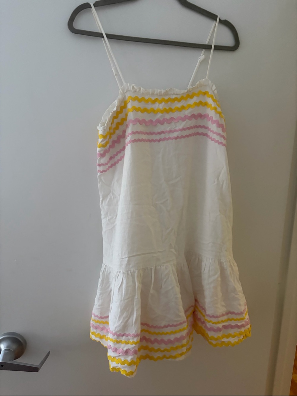White Spaghetti Strap Dress with Pink & Yellow Trim
